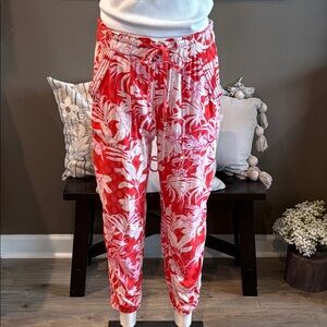 ANOTHER LOVE Tropical Print Red/White Tie Stretch Waist Joggers Pants Size XL